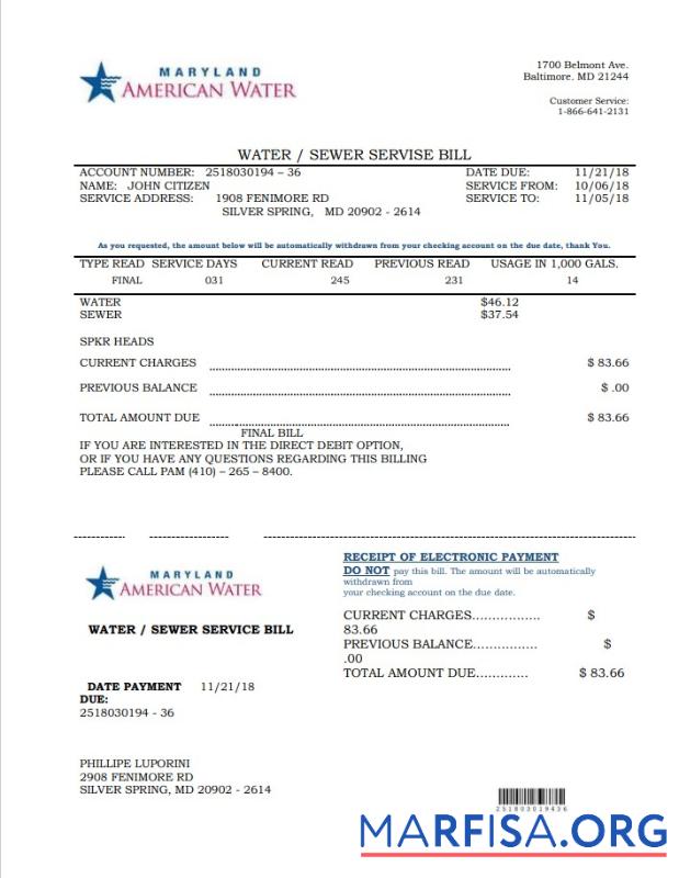 Realistic USA Maryland American water utility bill template in Word and PDF format